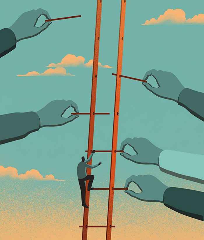 Метафора поддержки: человек взбирается на лестницу с помощью других